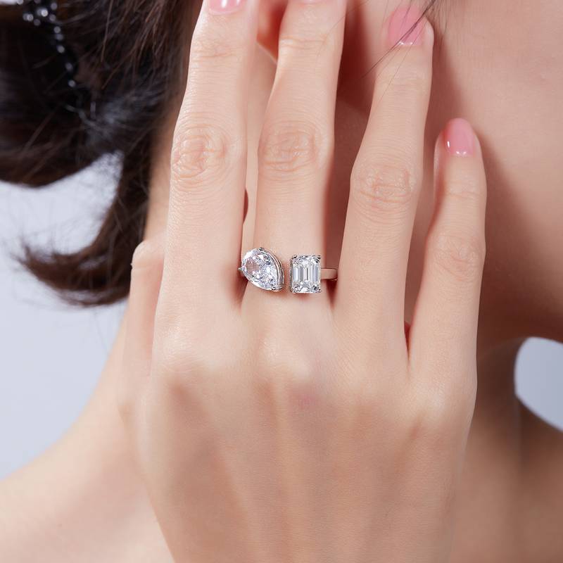 梨形冰花切AND长方MoissaniteS925银镀白金Women's Ring2ctD级